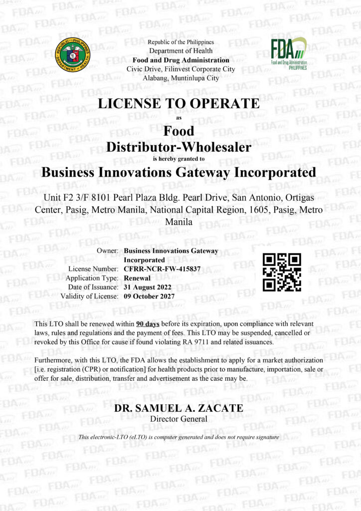 License To Operate - Food Distributor